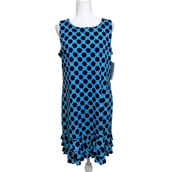 Lulu B Geometric Print Sleeveless Shift Dress UPF 50 Ruffle Hem Women Size L NEW - Picture 1 of 8